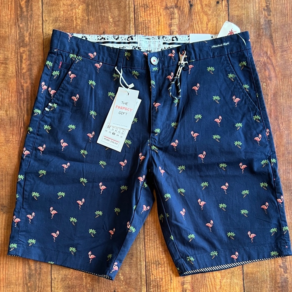 NWT Denim & Flower Navy Flamingo and Palm Print Board Shorts